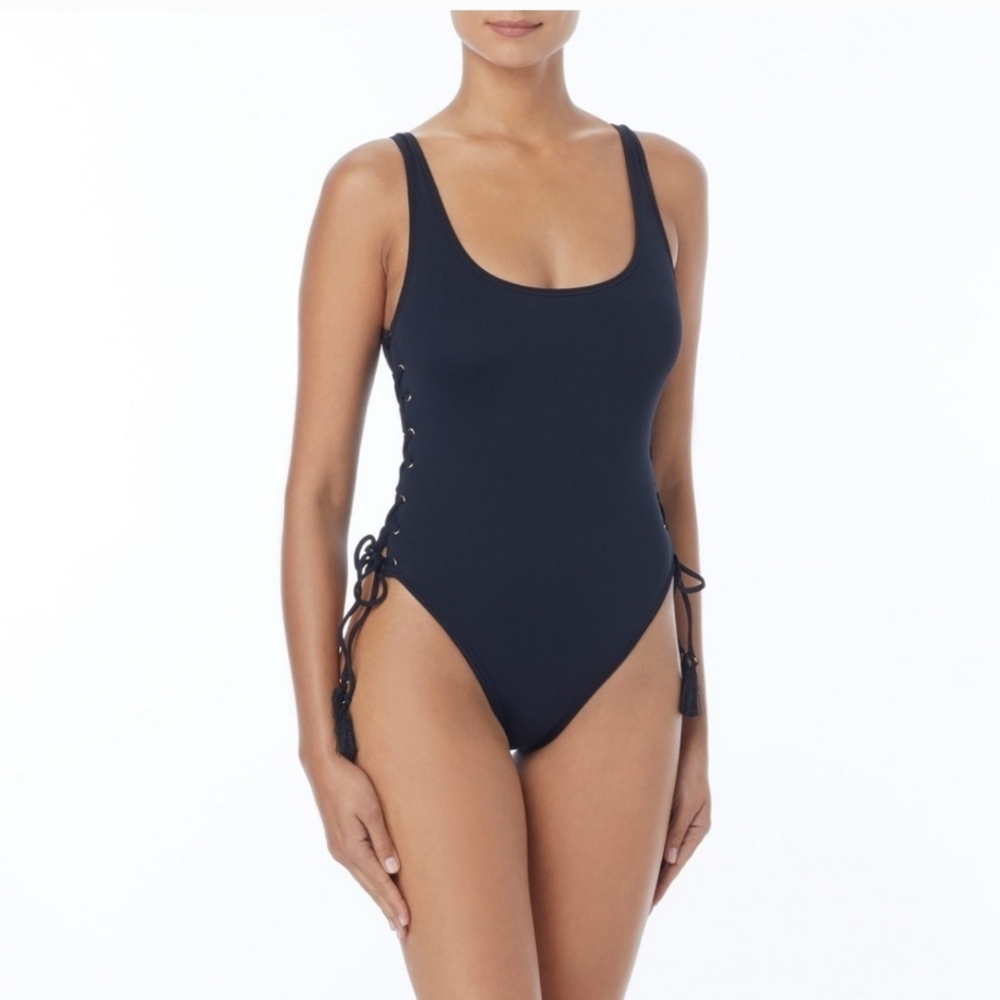 VINCE CAMUTO| WOMENS black one peice swim suit with lace up sides| size 12